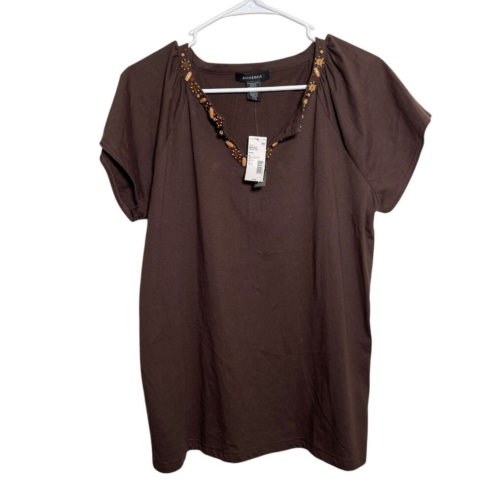 Project T-Shirt Women's Large Brown Beaded V-Neck Short Sleeve Tee Shirt
